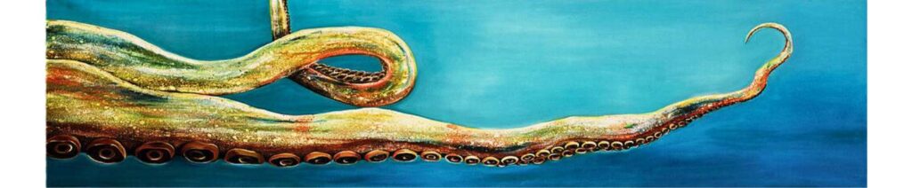 Octopus at sea. Technique: relief texture, oils with sand on canvas 200X60 cm